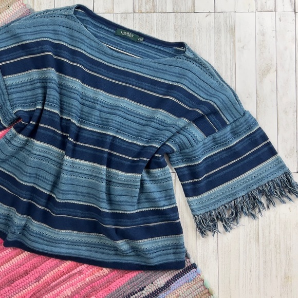 Ralph Lauren Striped Serape Fringed Short Sleeve Sweater - Picture 10 of 14